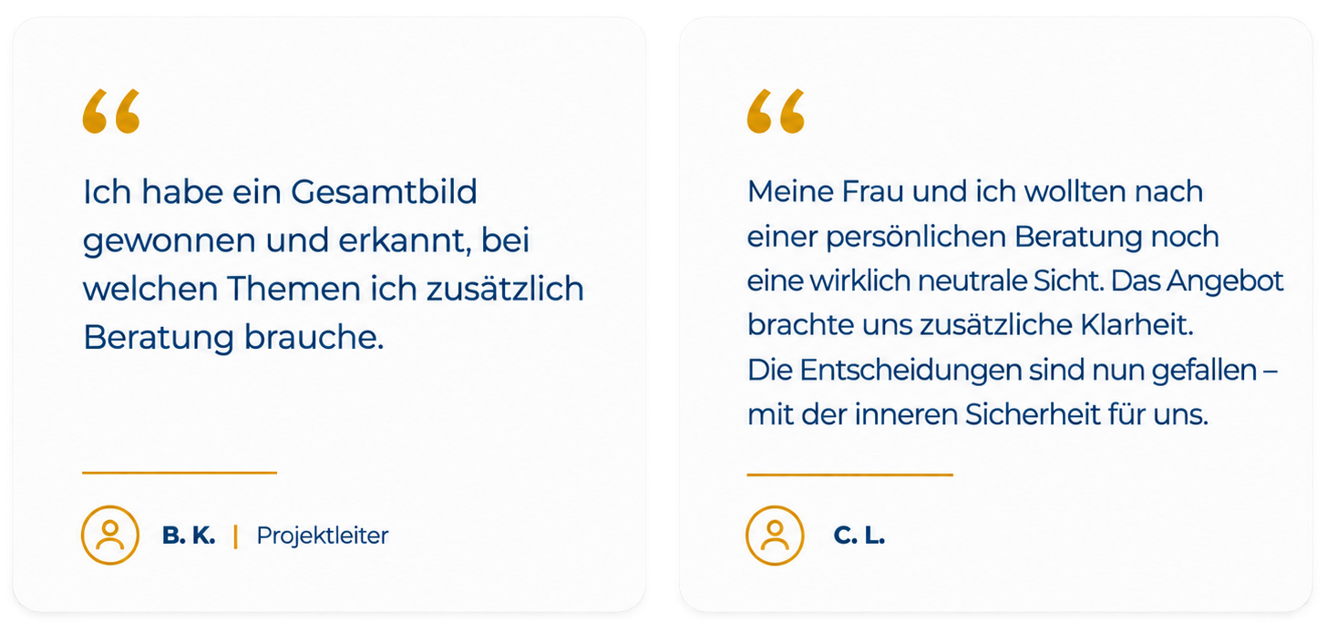 Teilnehmerstimmen zur persönlichen Vorsorgeorientierung: verständlich, praxisnah und auf die eigene Situation anwendbar.